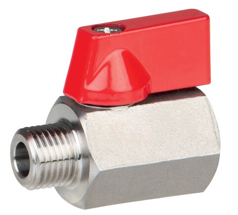 Exemplary representation: Stainless steel mini ball valve with toggle handle on one side, female / male thread