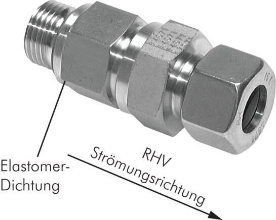 Exemplary representation: Check valve (flow from thread to tube, 1.4571)