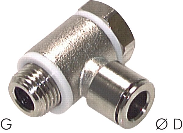 Exemplary representation: Angular swivel push-in fitting with banjo bolt, CV series, nickel-plated brass